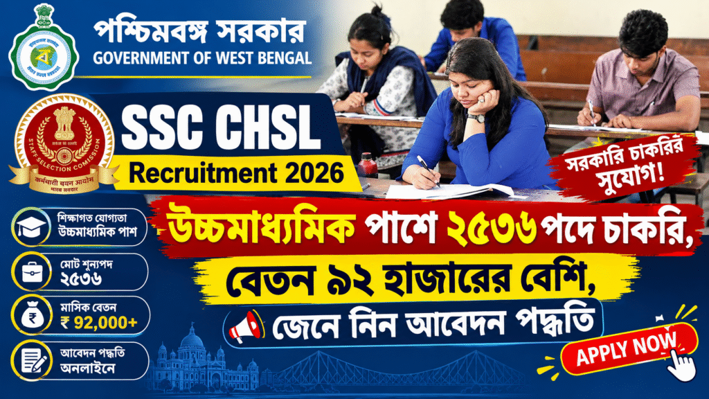 SSC CHSL Recruitment 2026: উচ্চমাধ্যমিক পাশে ২৫৩৬ পদে চাকরি, বেতন ৯২ হাজারের বেশি, জেনে নিন আবেদন পদ্ধতি