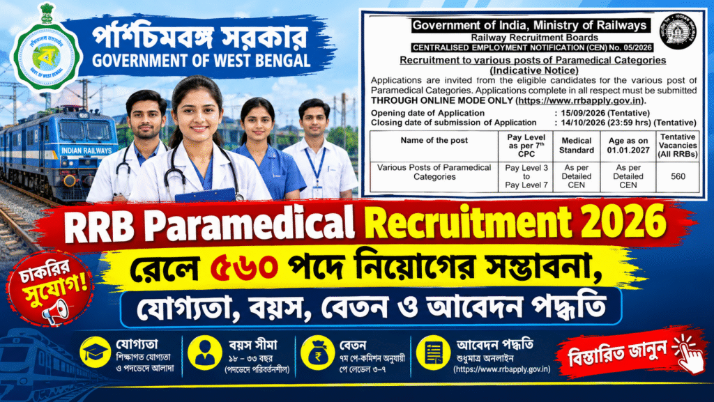 RRB Paramedical Recruitment 2026: রেলে ৫৬০ পদে নিয়োগের সম্ভাবনা, যোগ্যতা, বয়স, বেতন ও আবেদন পদ্ধতি