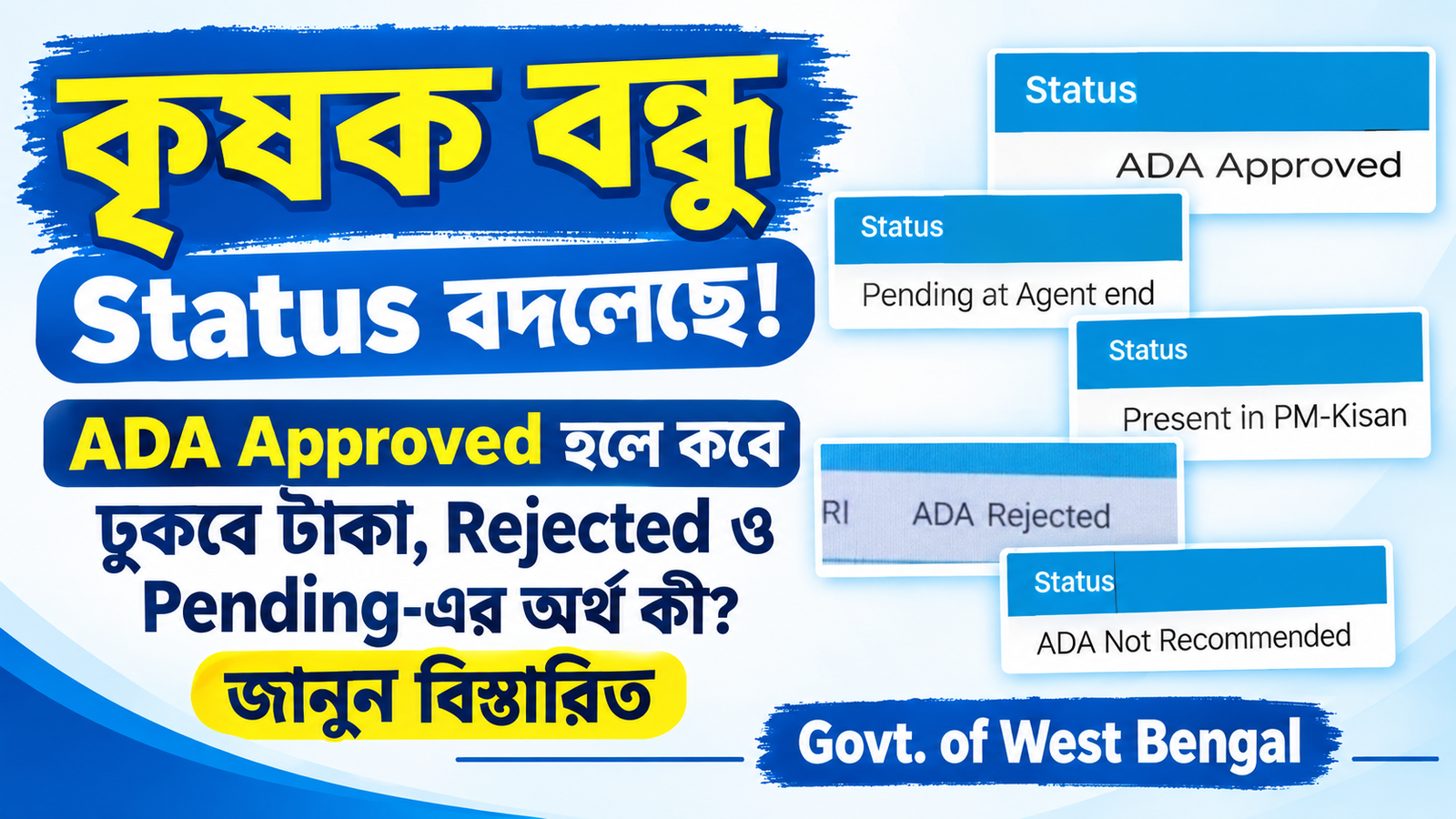 কৃষক বন্ধু Status 2026: ADA Approved, Pending, Rejected, DBT ও টাকা পাওয়ার সম্পূর্ণ আপডেট