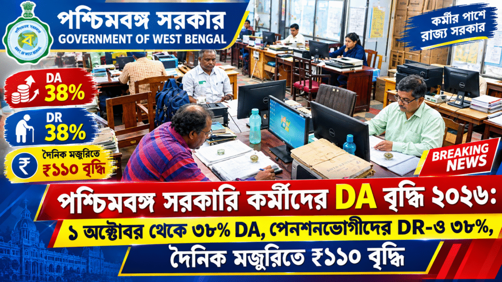 পশ্চিমবঙ্গ সরকারি কর্মীদের DA বৃদ্ধি ২০২৬: ১ অক্টোবর থেকে ৩৮% DA, পেনশনভোগীদের DR-ও ৩৮%, দৈনিক মজুরিতে ₹১১০ বৃদ্ধি