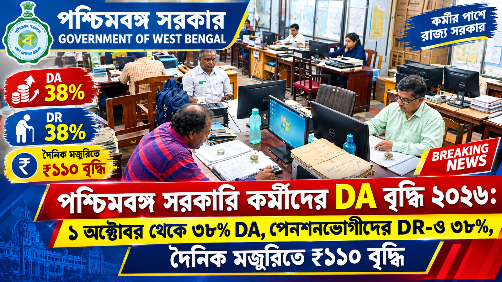 পশ্চিমবঙ্গ সরকারি কর্মীদের DA বৃদ্ধি ২০২৬: ১ অক্টোবর থেকে ৩৮% DA, পেনশনভোগীদের DR-ও ৩৮%, দৈনিক মজুরিতে ₹১১০ বৃদ্ধি